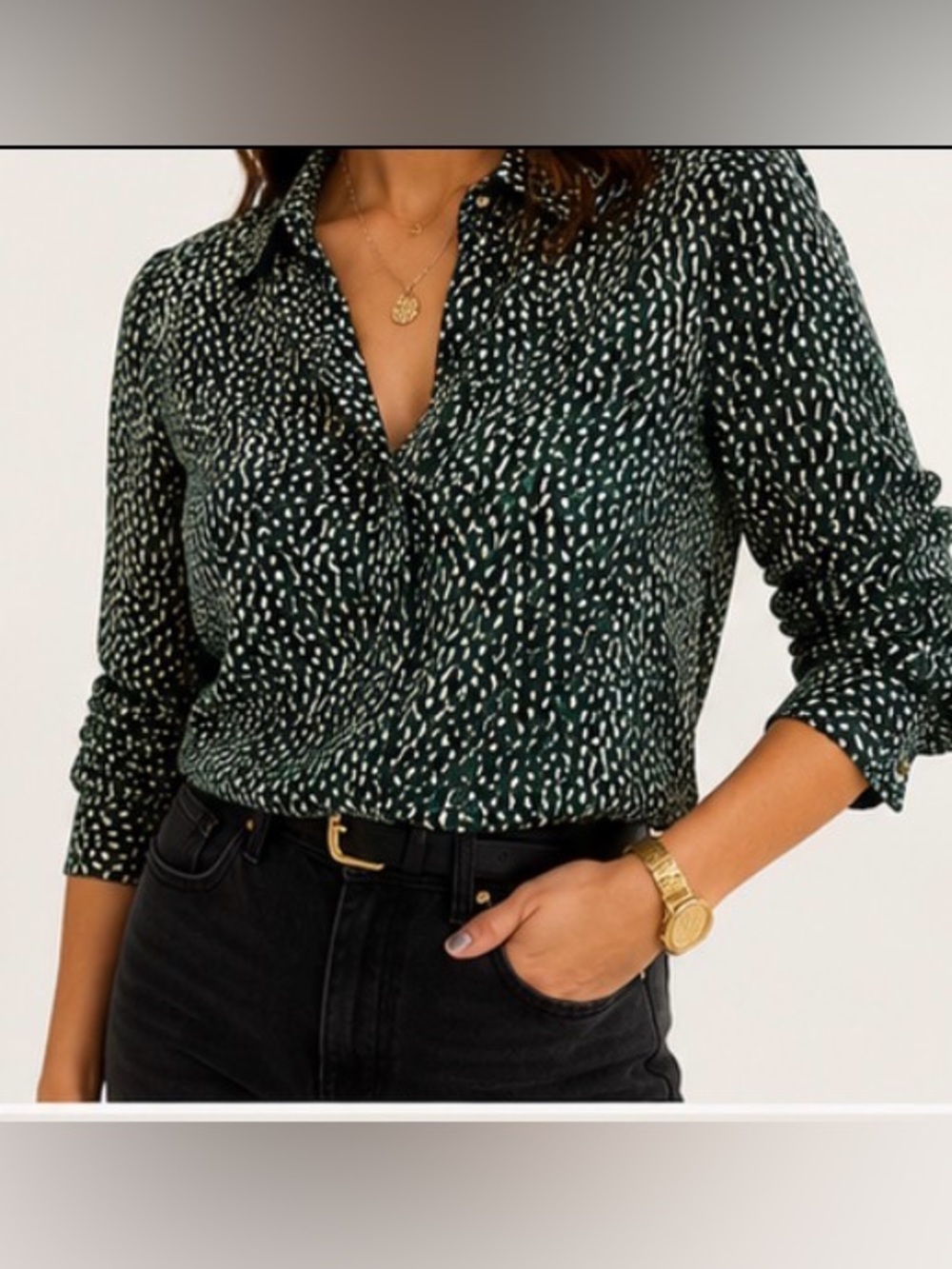 Express Green and White Patterned Women's Button-Up Blouse